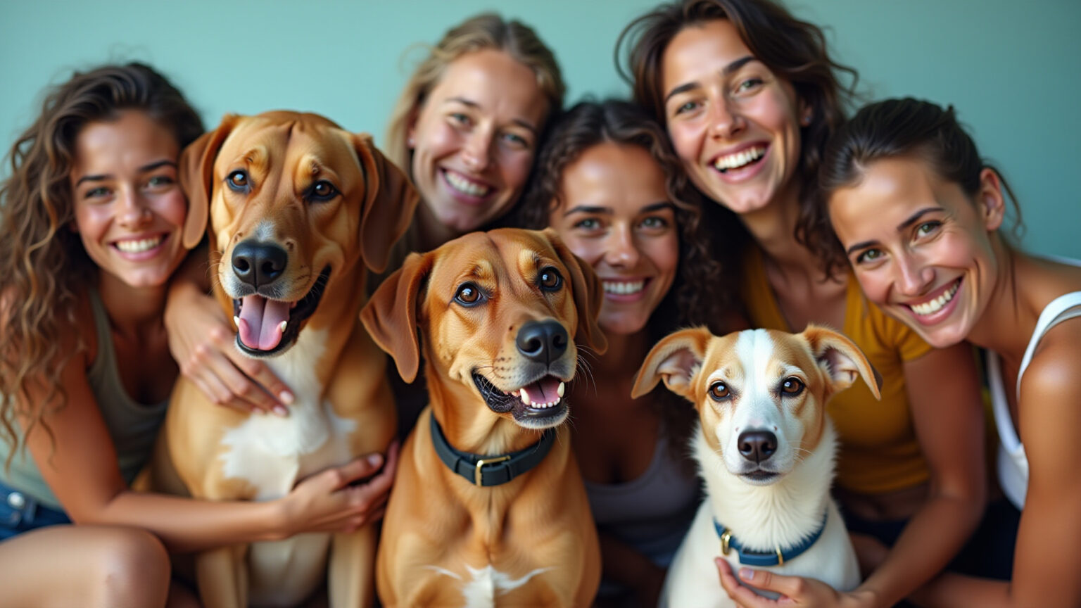 Adultos brasileiros sorrindo e interagindo positivamente com diversos cães em um parque.
