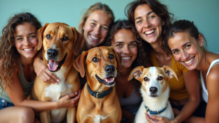 Adultos brasileiros sorrindo e interagindo positivamente com diversos cães em um parque.