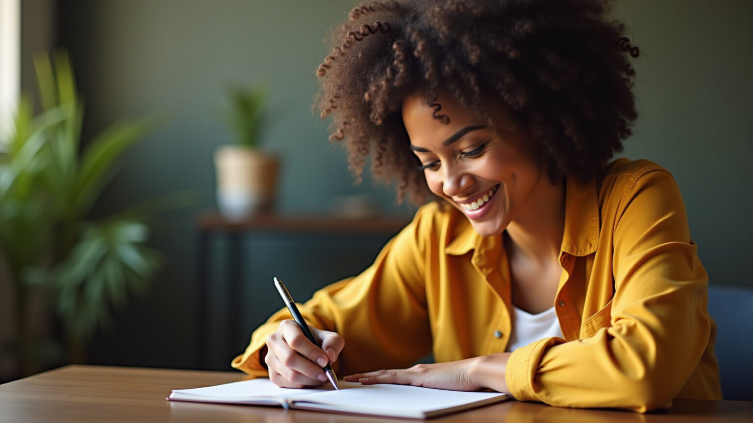 Mulher brasileira praticando caligrafia bonita em um caderno.