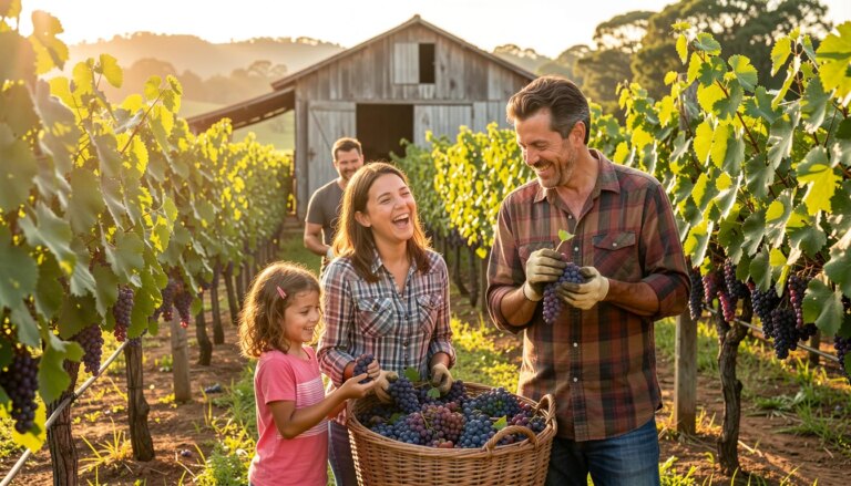 Família colhendo uvas em vinhedo ao pôr do sol em Vinhedo