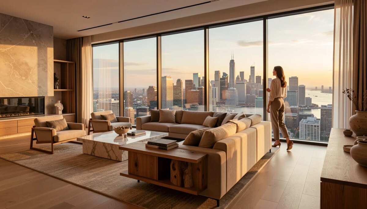 Sala de estar luxuosa com vista panorâmica da cidade ao entardecer