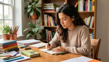 Estudante brasileira concentrada escrevendo em caderno em casa