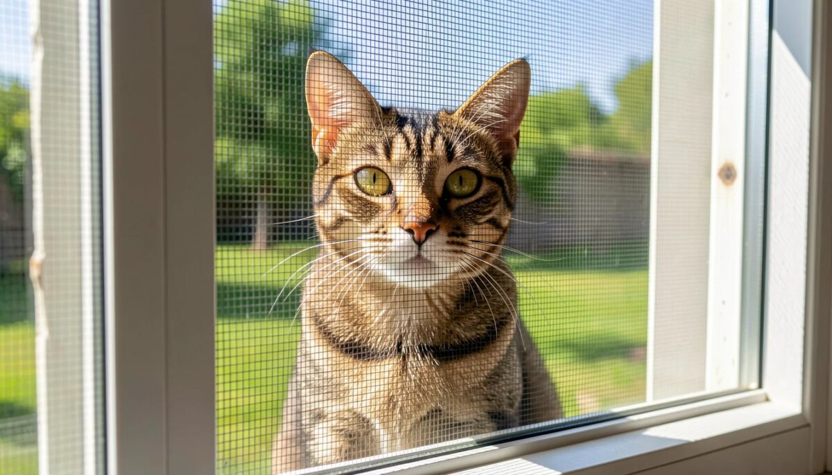Gato atrás de tela de proteção em janela