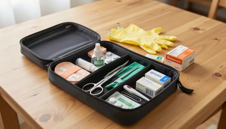 Kit de primeiros socorros organizado para viagens