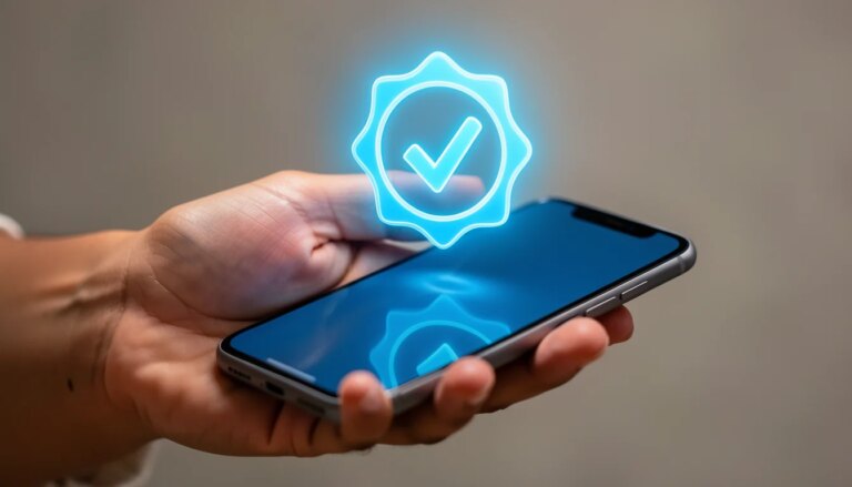 Mão segurando smartphone com selo de verificação azul brilhante.