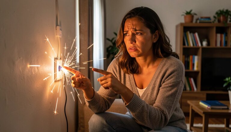 Eletricista Residencial em Fortaleza: Serviços, Preços e Dicas para Contratar Mulher preocupada apontando para tomada elétrica com faísca na parede de casa