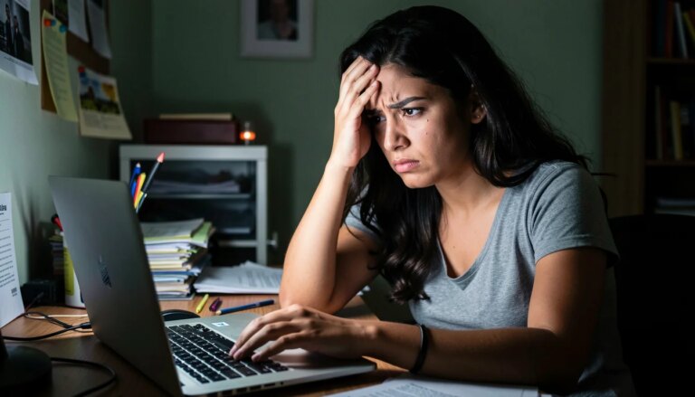 Mulher jovem frustrada com o laptop em home office, expressão de estresse.