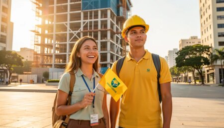 Guia de turismo e técnico em edificações lado a lado em praça urbana ensolarada com prédio moderno ao fundo.