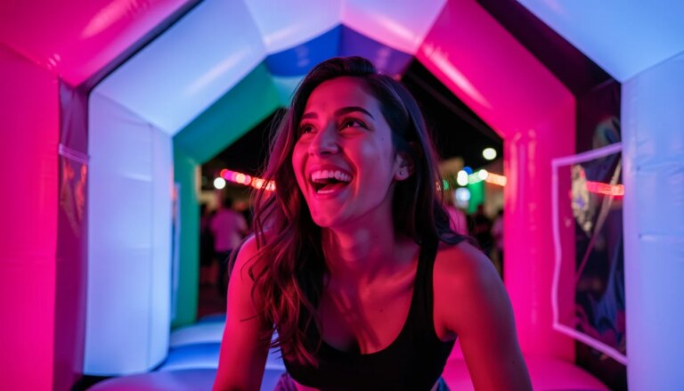 Mulher sorrindo dentro de cabine inflável colorida em evento imersivo