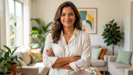ANS e Bradesco Saúde: entenda o papel da agência e como ela protege você Mulher brasileira confiante sorrindo em sala iluminada, representando segurança no plano de saúde
