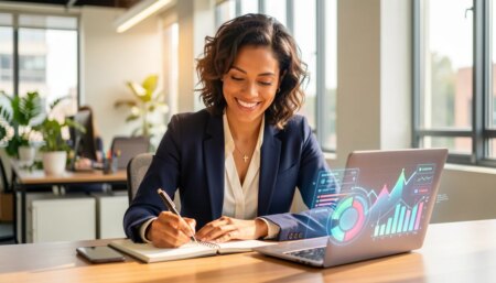 Carreira em vendas B2B: o que muda no trabalho do SDR quando a automação assume a rotina Profissional de vendas B2B refletindo sobre automação em escritório moderno.
