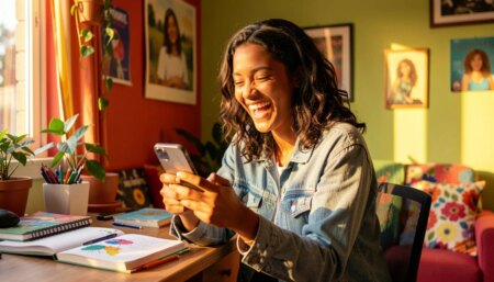 Mulher brasileira rindo de forma genuína ao celular em sala colorida e criativa, com cadernos e plantas, luz natural quente.