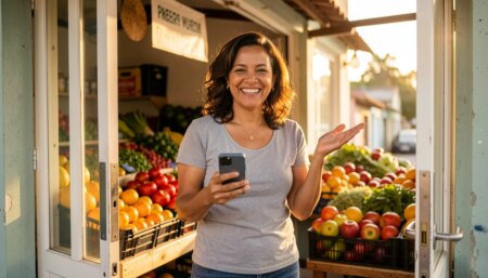 Proprietária de mercearia local sorrindo na porta da loja com celular na mão