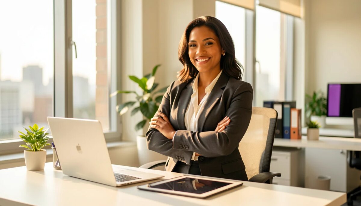 Ferramentas Essenciais para Empresários: Como Tecnologia Impulsiona a Gestão Empresarial Empresária confiante usando tecnologia em escritório moderno para gestão empresarial.