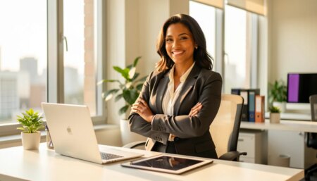 Ferramentas Essenciais para Empresários: Como Tecnologia Impulsiona a Gestão Empresarial Empresária confiante usando tecnologia em escritório moderno para gestão empresarial.