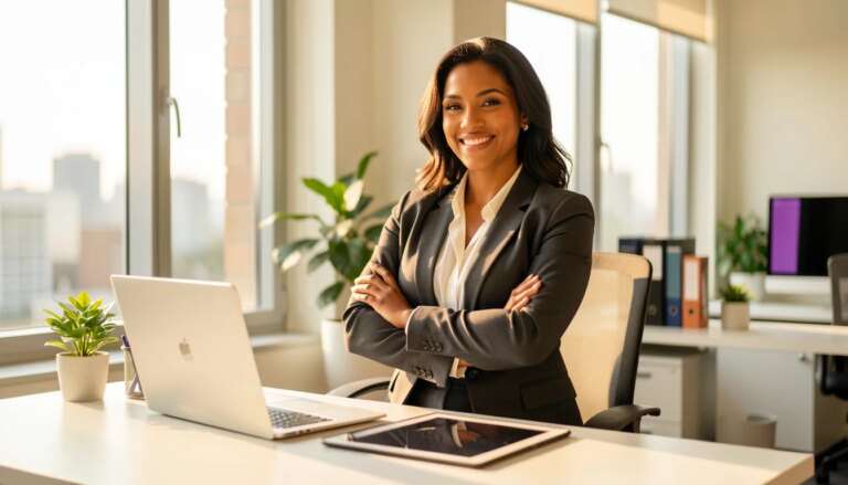 Empresária confiante usando tecnologia em escritório moderno para gestão empresarial.