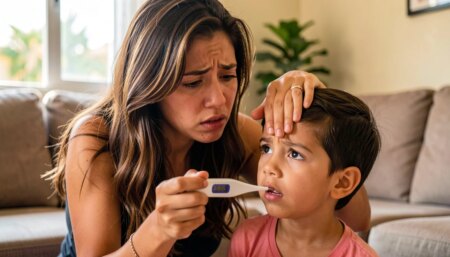 Mãe preocupada mede a febre do filho com termômetro em casa.