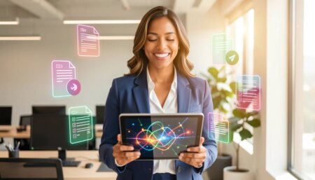 Mulher profissional sorridente em escritório moderno usando tablet com visualização abstrata de dados.