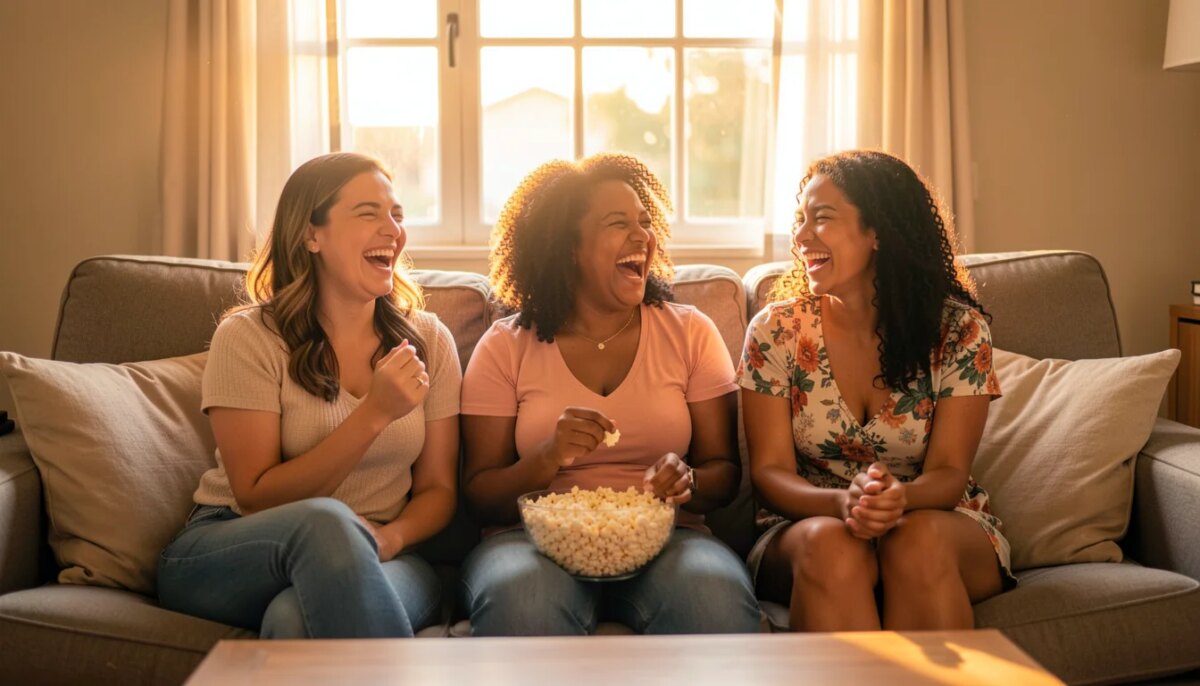 10 Filmes de Humor Feminino: curadoria para rir sem parar na sua próxima sessão Mulheres brasileiras rindo juntas em sofá assistindo comédia, com pipoca e luz natural.