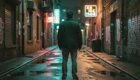 Por Que o Filme Clube da Luta é Mais Profundo do Que Parece Homem solitário em beco urbano à noite, luz neon dramática, atmosfera existencial