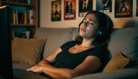 Quando a trilha sonora rouba a cena: como a música define a emoção no audiovisual Mulher de fones sente a emoção da trilha sonora enquanto assiste filme em sala escura