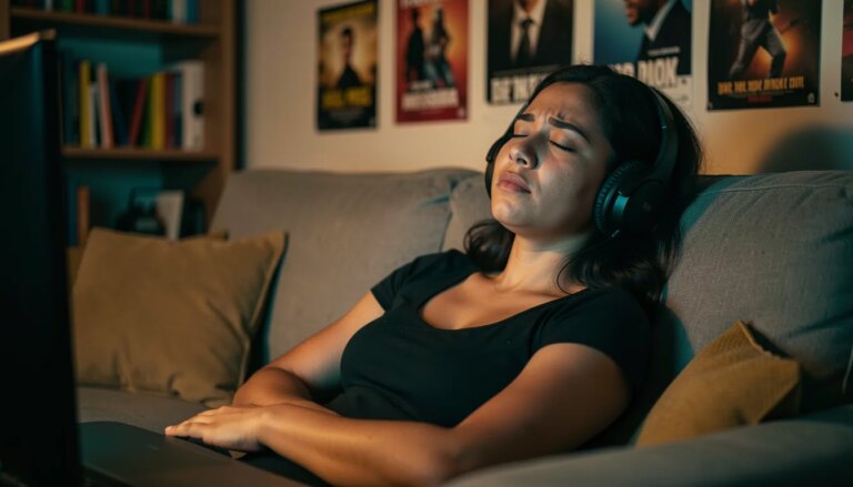 Mulher de fones sente a emoção da trilha sonora enquanto assiste filme em sala escura