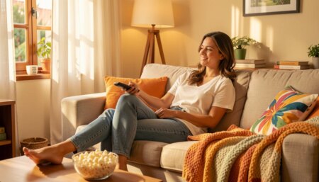 Mulher relaxando no sofá em tarde de domingo assistindo filmes brasileiros no streaming