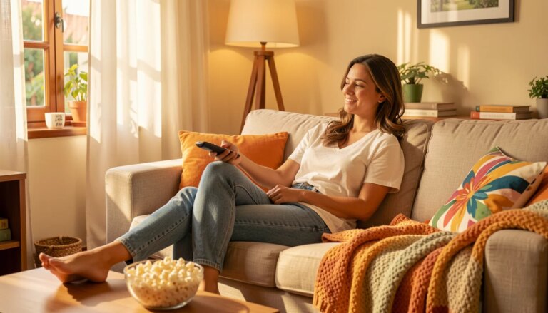 Está no Star+ e na Netflix! 5 filmes brasileiros que passaram batido e merecem sua tarde de domingo Mulher relaxando no sofá em tarde de domingo assistindo filmes brasileiros no streaming