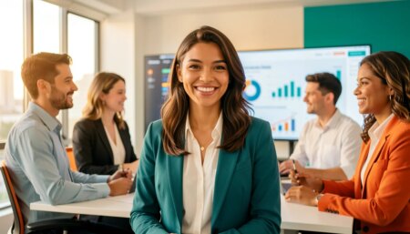 Equipe de marketing digital sorrindo em escritório moderno com gráficos em telas ao fundo