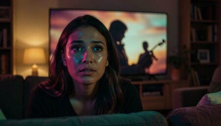 Mulher emocionada assistindo filme em sala escura com luz cinematográfica quente