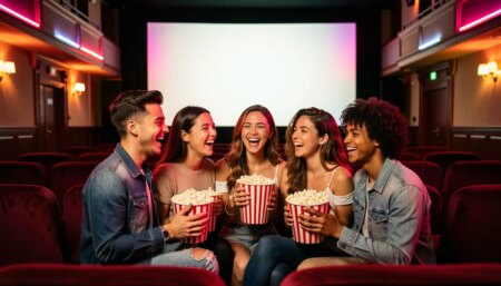 Jovens brasileiros animados em cinema vibrante, com pipoca, luz dourada e poltronas vermelhas.