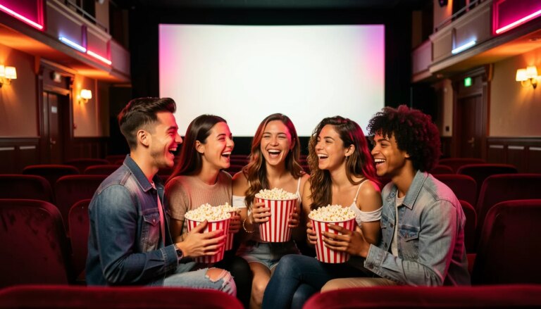 Cinema brasileiro em 2026: os filmes que merecem o ingresso e onde assistir cada um Jovens brasileiros animados em cinema vibrante, com pipoca, luz dourada e poltronas vermelhas.