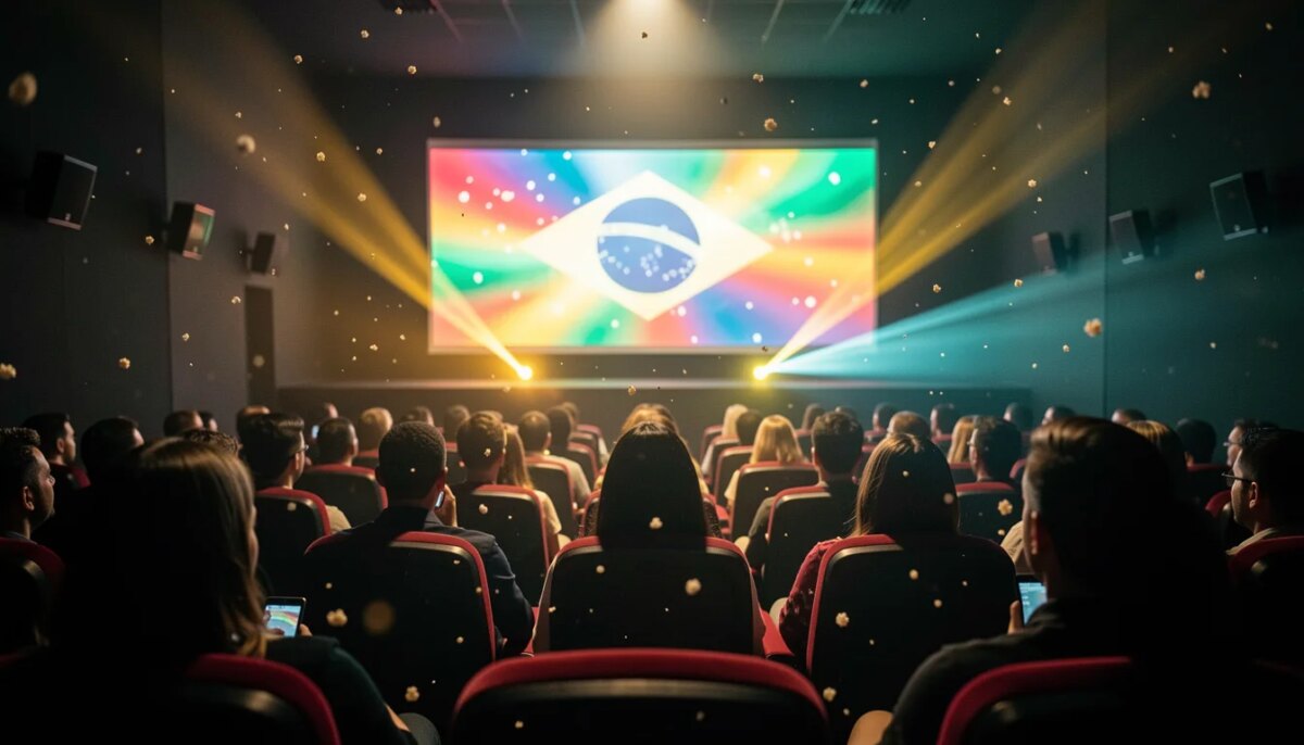 Diretores consagrados em 2026: calendário completo das estreias no Brasil Plateia de cinema brasileiro iluminada pela tela, em clima de estreia de grandes diretores