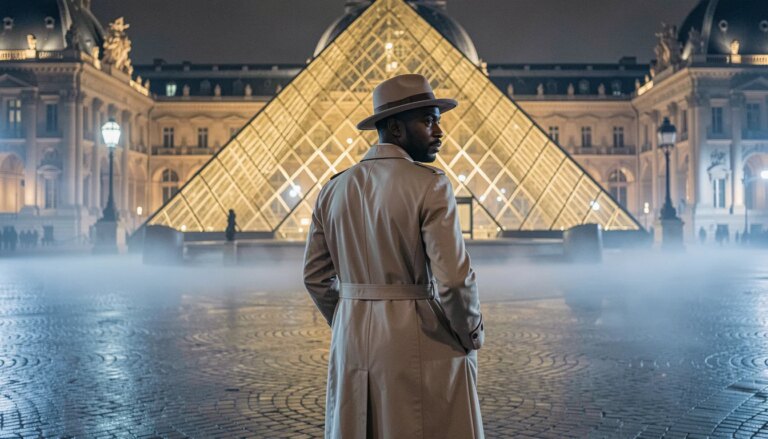 Lupin Parte 4: data de estreia, os 8 episódios e o retorno de Assane Diop Homem misterioso de sobretudo observa museu parisiense à noite, atmosfera de Lupin Parte 4