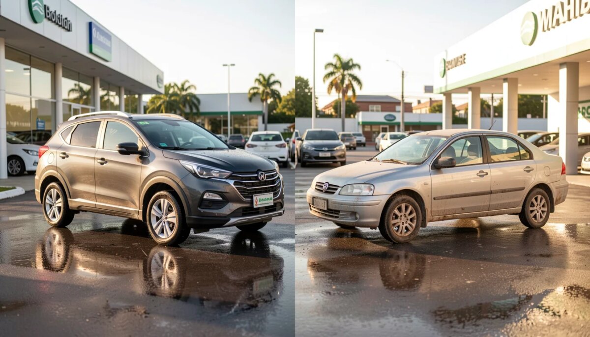 Comprar carro novo ou usado: o que avaliar antes de decidir? Carro novo brilhante ao lado de um usado bem conservado em concessionária iluminada