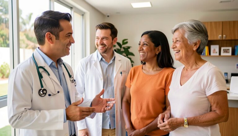 Atenção Primária: como ela reduz o reajuste do plano de saúde Médico de família recebe casal sorridente em clínica de atenção primária iluminada
