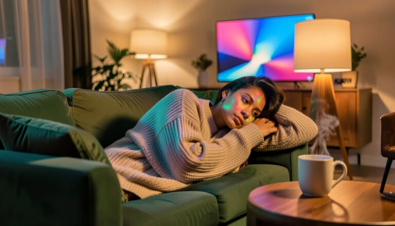 As 10 Séries Para Ver Antes de Morrer: Onde Assistir Cada Uma e Por Onde Começar Mulher assistindo séries na sala aconchegante, luz do streaming refletida no rosto
