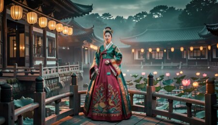 Mulher de hanbok em ponte de palácio Joseon ao anoitecer, com lago enevoado e lanternas acesas
