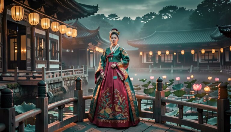 The East Palace: a série é na Coreia, não no Egito — sinopse, elenco e onde assistir Mulher de hanbok em ponte de palácio Joseon ao anoitecer, com lago enevoado e lanternas acesas