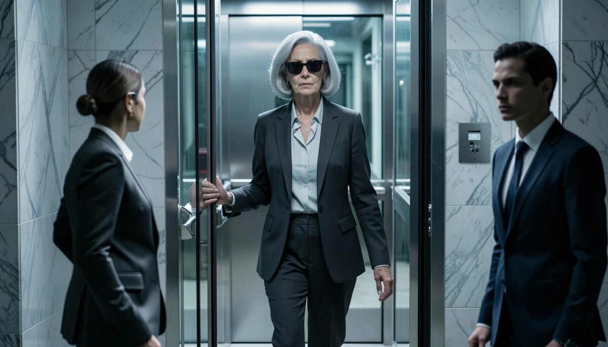 O Diabo Veste Prada 2: prévias, elenco e onde assistir no Disney+ Mulher elegante de terno cinza saindo de elevador de vidro em corredor de mármore, clima frio e sofisticado