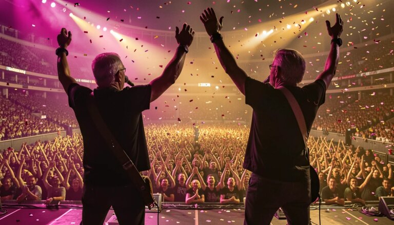 Oasis: Don’t Look Back in Anger no Disney+: data de estreia, bastidores e como assistir Dois músicos de rock em silhueta num estádio lotado, iluminados por luzes de palco vibrantes durante show de reencontro.