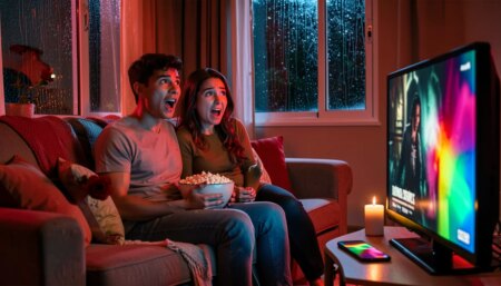 Romance e terror dominam as redes em 2026: as produções mais virais e onde assistir cada uma Casal assistindo série de romance e terror na TV em sala aconchegante à noite